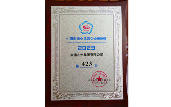 2023年，大運(yùn)集團(tuán)中國(guó)制造業(yè)民營(yíng)企業(yè)500強(qiáng)榮譽(yù)